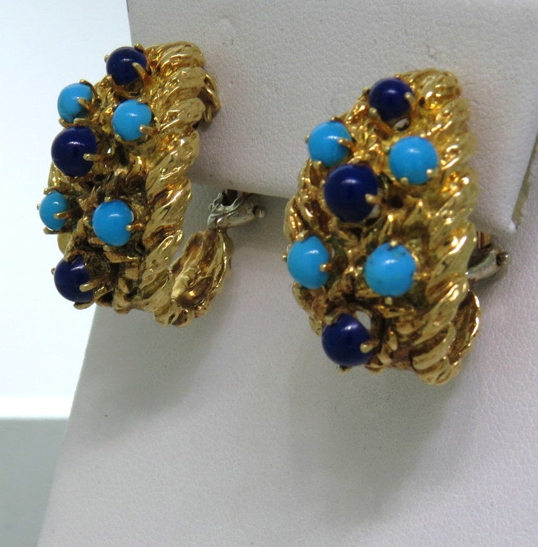 Vintage 1960s 18k gold earrings with 3.8mm - 5mm lapis and 4mm - 4.7mm turquoise. Earrings are 27mm x 18mm. 32.3g