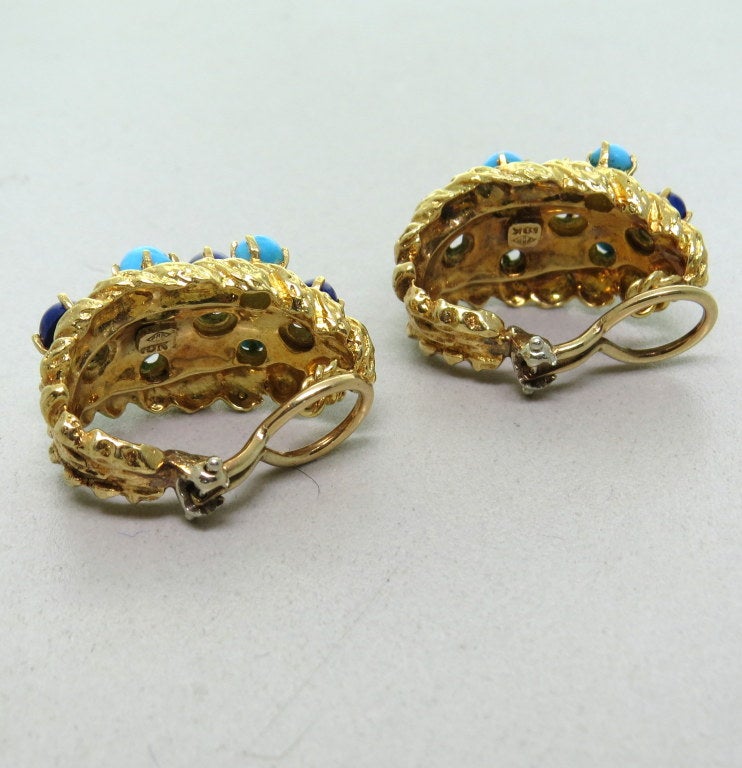 1960s Turquoise Lapis Gold Half Hoop Earrings In Excellent Condition In Lambertville, NJ