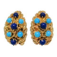 Vintage 1960s Turquoise Lapis Gold Half Hoop Earrings