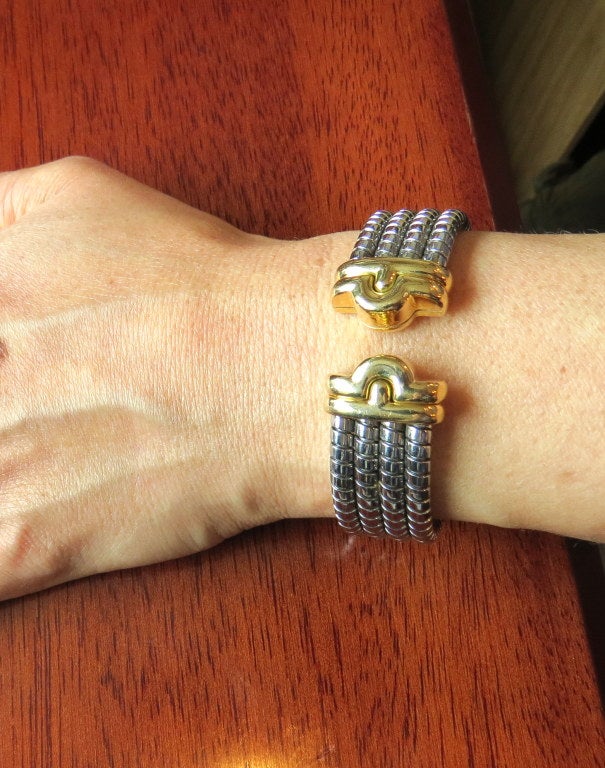 Bulgari Tubogas Gold Steel Cuff Bracelet In Excellent Condition In Lambertville, NJ