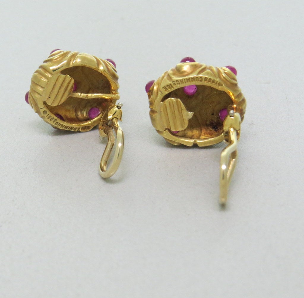 Circa 1980s vintage 18k gold earrings with rubies by Angela Cummings. Earrings 16mm x 15mm. Marked Cummings,1989,18k. weight - 12.5g