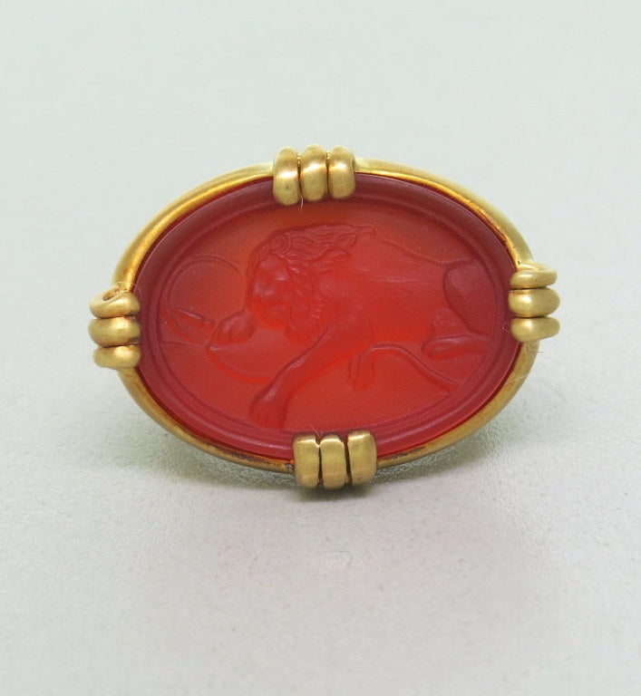 18k gold ring with carnelian intaglio by Slane & Slane. Ring size 7, ring top is 20mm x 27mm. Marked SS,750. weight - 19.2g