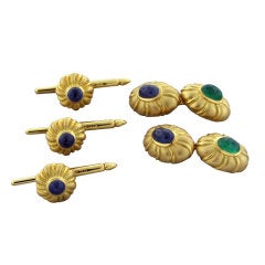 TRIANON Emerald Sapphire Gold Cufflinks Stud Set