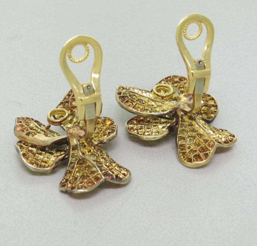 Multi Color Sapphire Gold Orchid Flower Earrings In Excellent Condition In Lambertville, NJ