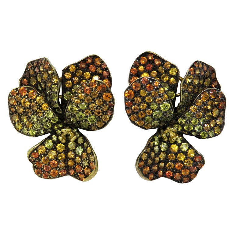 Multi Color Sapphire Gold Orchid Flower Earrings