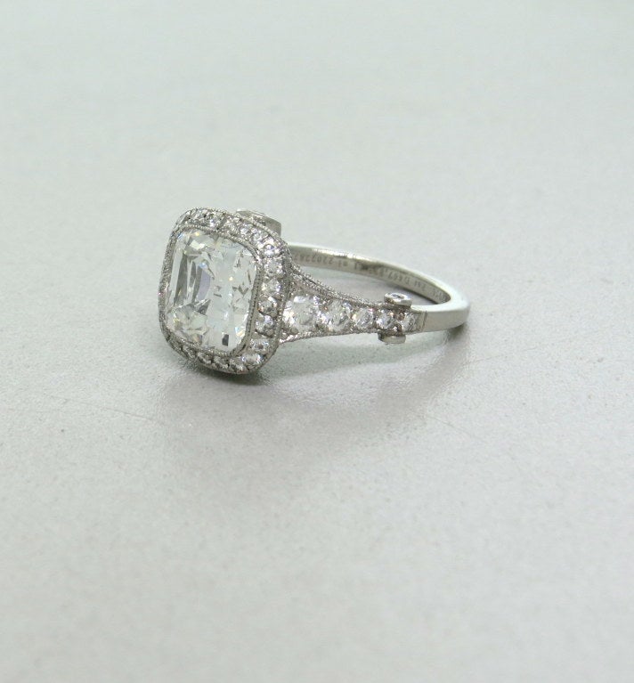 Tiffany & Co Legacy collection platinum ring with 3.07ct G/VS2 center diamond, side diamonds approx. 0.85ctw G/VVS-VS. Ring size 8 1/2. Marked Tiffany & Co,pt950,3.07ct,D467,833,22022873. weight - 6.9g Ring will come with Tiffany & Co diamond
