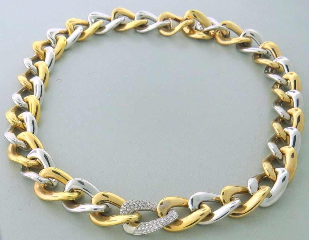 Modern 18k yellow and white gold link chain necklace with approximately 0.80-0.90 carats diamonds, G/VS. Necklace is 17