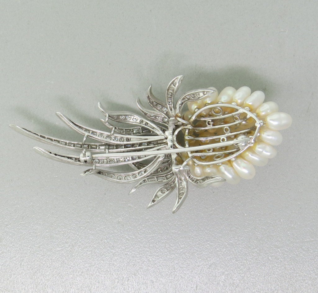 Women's 1950s Diamond Pearl Gold Brooch Pin
