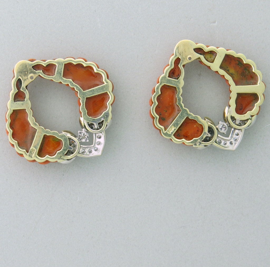 14k gold earring jackets with carved coral and approximately 1.40 carats GH/VS diamonds. Jackets are 36mm x 35mm. Weight - 21.5g