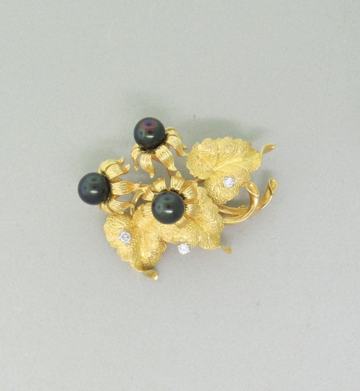 Women's 1960s Pearl Diamond Gold Earrings Brooch Set