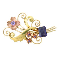 Large Retro Amethyst Rose Yellow Gold Floral Brooch Pin