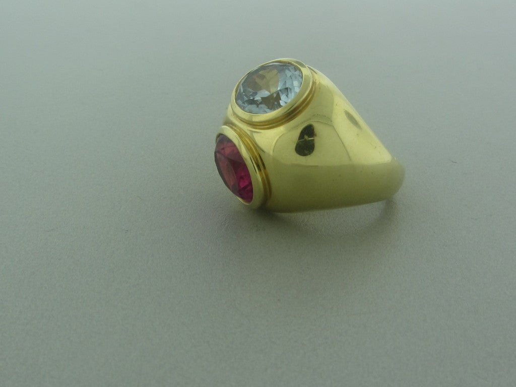 18K YELLOW GOLD.RUBELLITE TOURMALINE - 12mm x 9mm
AQUAMARINE - 12mm x 9mm.Measurements:RING SIZE 7, TOP OF RING 22mm x 25mm,  Weight: 26.2g