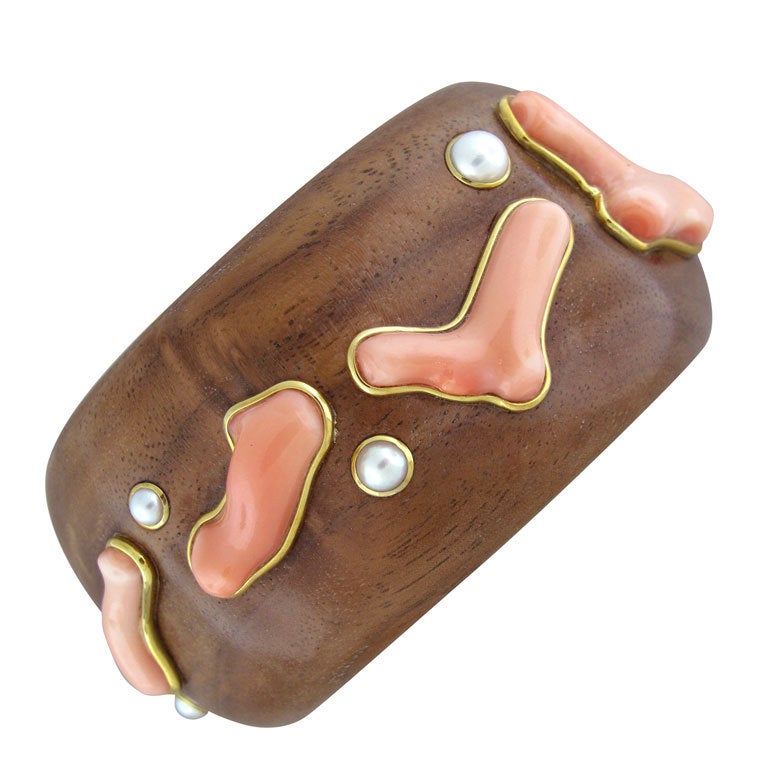 TRIANON Coral Gold Pearl Wood Cuff Bracelet