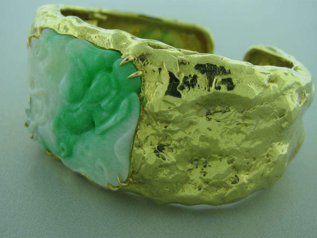 David Webb Carved Jade Gold Bangle Bracelet 1