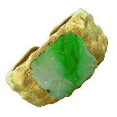 David Webb Carved Jade Gold Bangle Bracelet