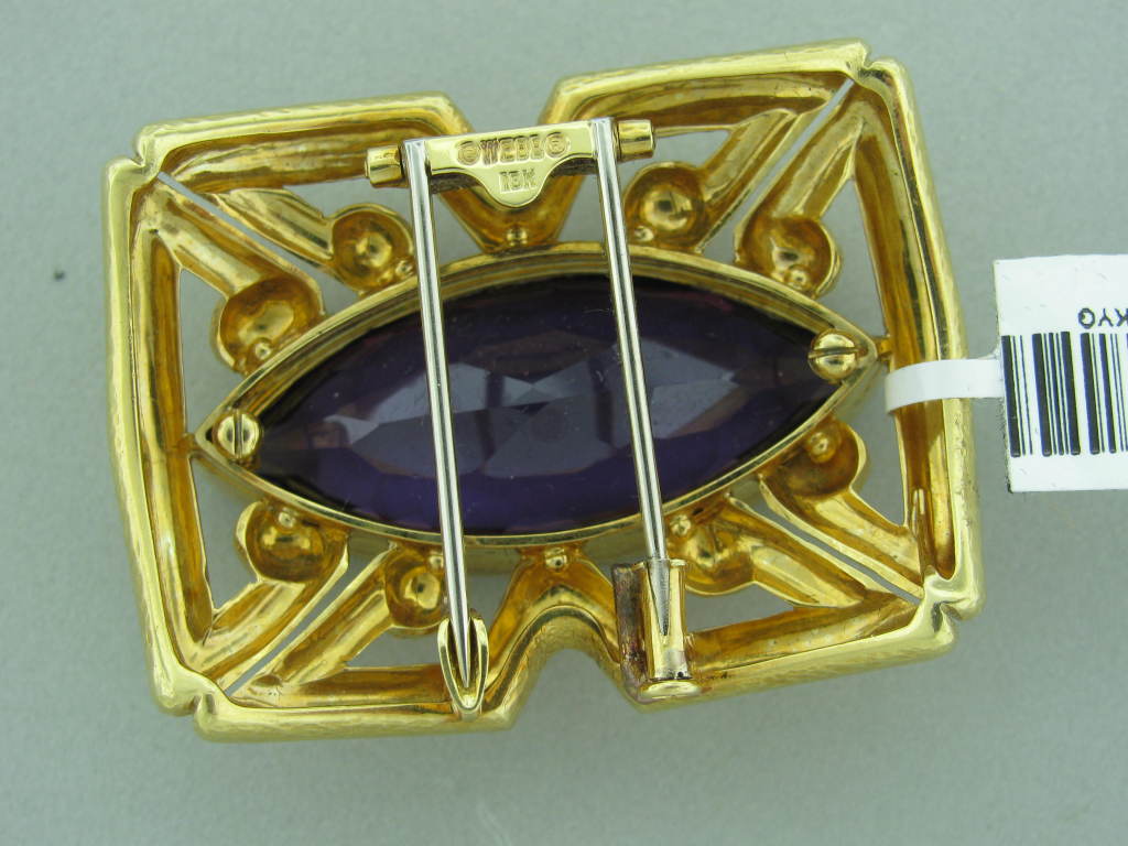 Metal: 18K yellow gold. Marked/Tested: WEBB, 18K Gemstones/Diamonds Semiprecious gemstone Clarity: N/A Color: N/A Measurements: Brooch 46mm X 35mm (1 inch= 25mm) Weight 43.7g