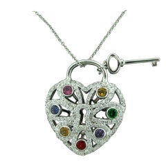 TIFFANY & CO Gold Diamond Multi Color Heart Pendant Necklace