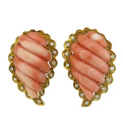 SPITZER & FURMAN Gold Carved Coral Diamond Earrings