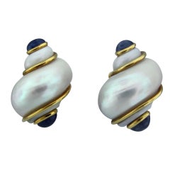 SEAMAN SCHEPPS Gold Seashell Sapphire Cabochon Earrings