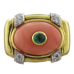 DAVID WEBB Coral Emerald Gold Diamond Ring