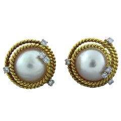 TIFFANY & CO SCHLUMBERGER Gold Rope Pearl Diamond Earrings