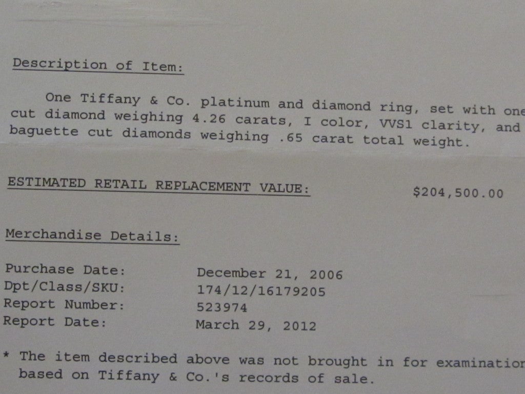 Women's TIFFANY & CO 4.26ct Diamond Platinum Engagement Ring