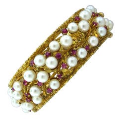 Gold Ruby Pearl Bangle Bracelet