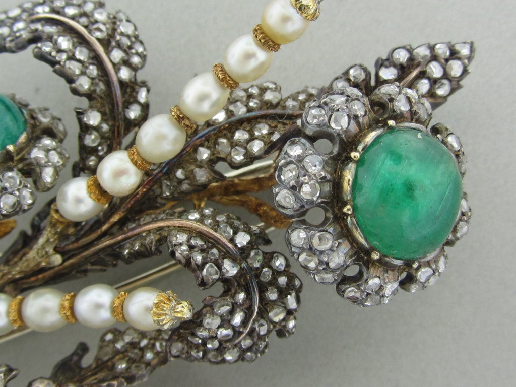 Metal: 18k Yellow Gold Marked / Tested: Buccellati, Italy, 750 Gemstones/diamonds: Emeralds In Brooch - 14.0ctw Emeralds In Earrings - 10.0ctw Rose Cut Diamonds Pearls Clarity: N/a Color: N/a Measurements: Brooch - 85mm X 41mm Earrings - 26mm X 19mm