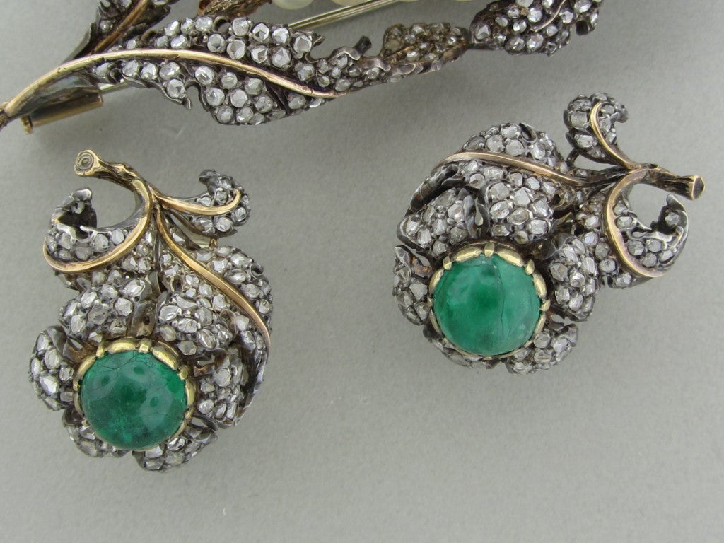 Women's BUCCELLATI Gold Emerald Pearl Diamond Brooch Pin Earrings Set
