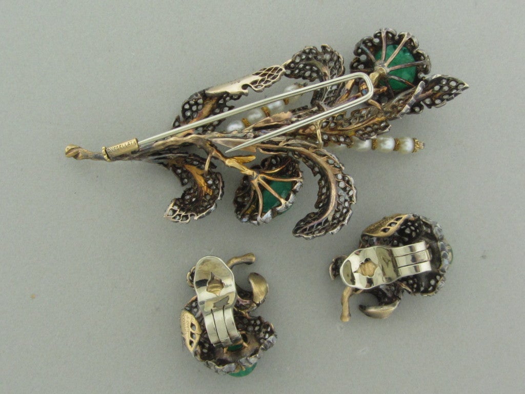BUCCELLATI Gold Emerald Pearl Diamond Brooch Pin Earrings Set 1