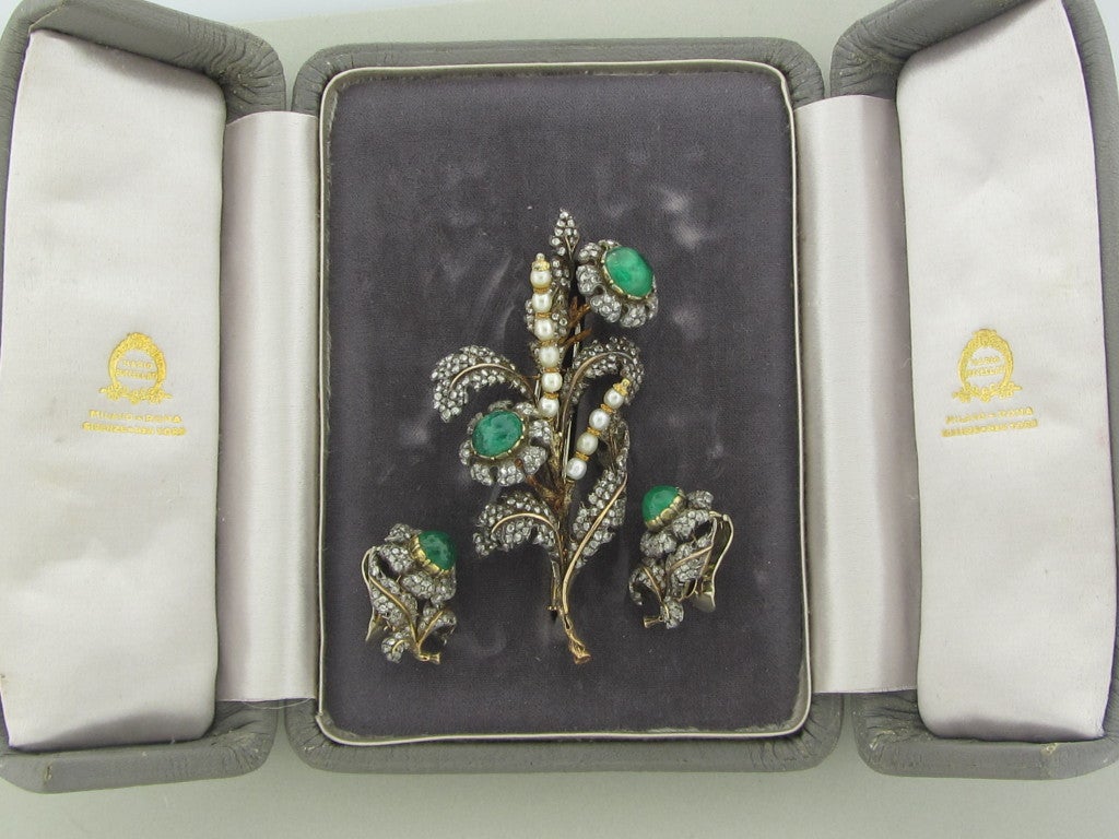 BUCCELLATI Gold Emerald Pearl Diamond Brooch Pin Earrings Set 2