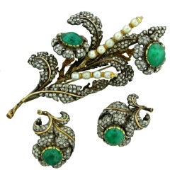 BUCCELLATI Gold Emerald Pearl Diamond Brooch Pin Earrings Set