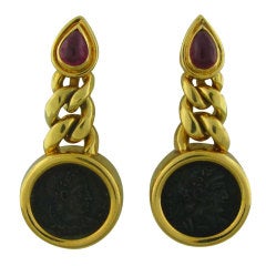 BULGARI Gold Ancient Coin Ruby Earrings