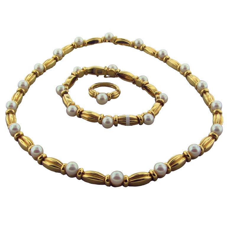 TIFFANY & CO Gold Pearl Ring Bracelet Necklace Set