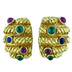 David Webb Emerald Sapphire Ruby Gold Earrings