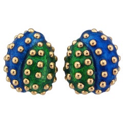 DAVID WEBB Gold Blue Green Enamel Earrings