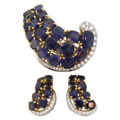 SEAMAN SCHEPPS Gold Iolite Diamond Brooch Pin Earrings Set