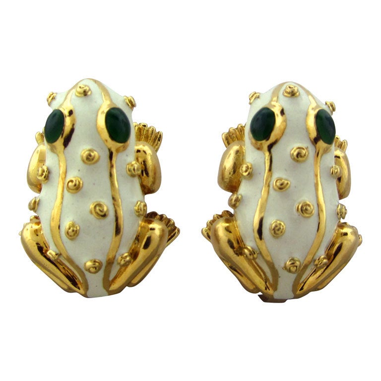 DAVID WEBB Yellow Gold Enamel Emerald Frog Earrings