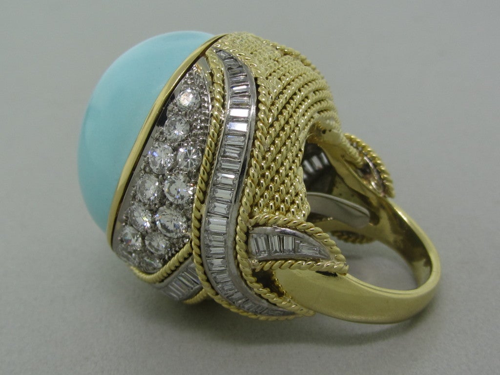 Metal:18K Yellow Gold / Platinum Marked/Tested: David Webb, 18K, 900PT Gemstones/Diamonds Turquoise - 25mm x 22mm Diamonds - Approx. 4.50CTW Clarity: VS Color: G Measurements: Ring Size - 6.75, Top Of Ring 28mm x 27mm, Sits 25mm From Finger (Inch =