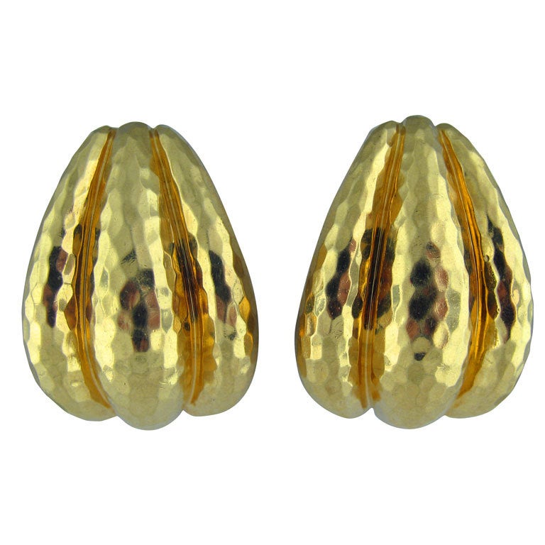 HENRY DUNAY Large Hammered Yellow Gold Earrings at 1stdibs
