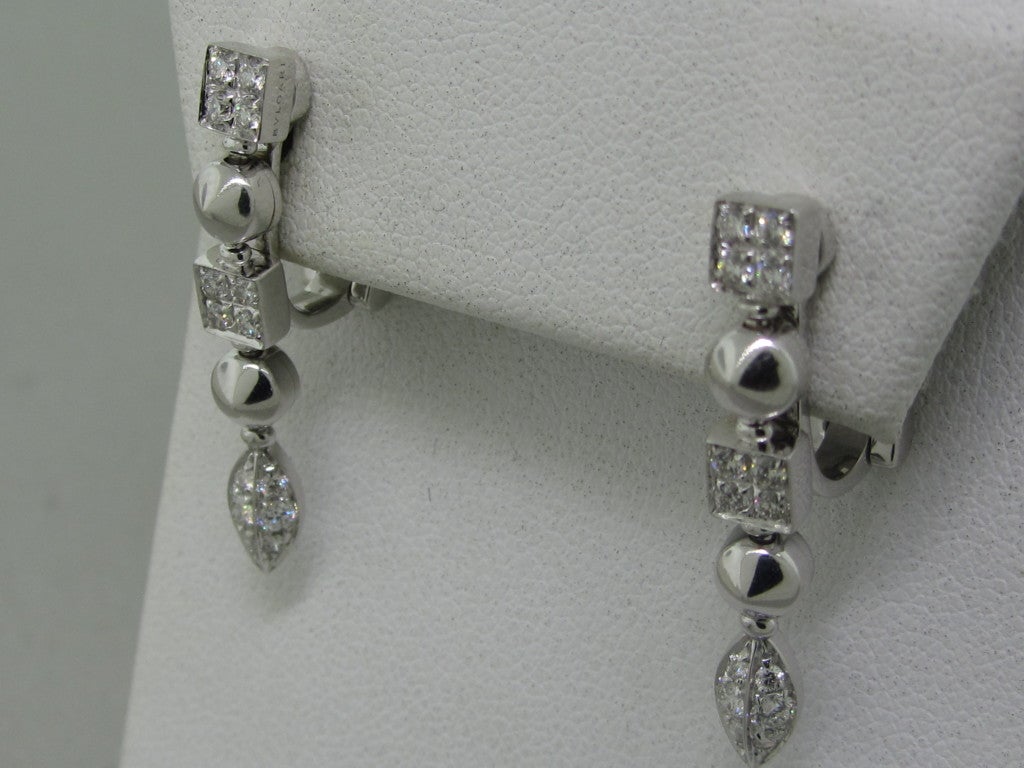 Metal:18K White Gold Marked/Tested:Bvlgari, 750,2337AL, Made In Italy Gemstones/Diamonds:Diamonds - Approx. 0.54ctw Clarity: VS Color: G Measurements:Earrings - 32mm x 4mm (Inch = 25mm) Weight:10.8g