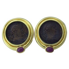 Large Gold Ancient Coin Ruby Earrings