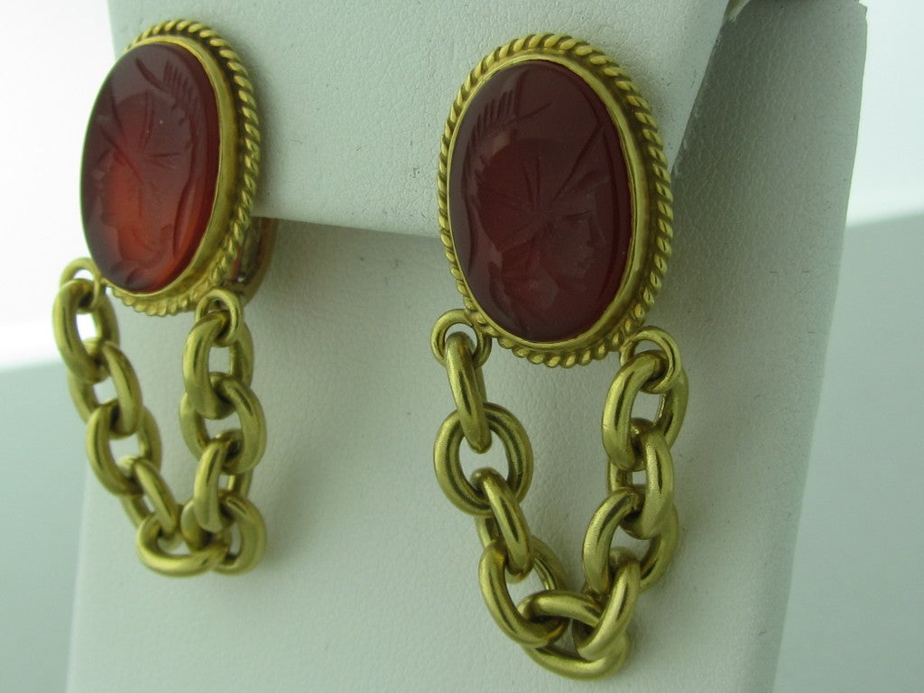 Metal:18K Yellow Gold, Marked:Vahe Naltchayan, 18k, 1990, USA Gemstones/Diamonds:Carnelian Intaglio, Measurements:Earrings - 42mm x 16mm (Inch = 25mm) Weight:23.2g