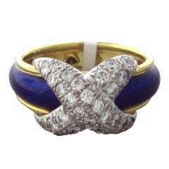 TIFFANY & CO  SCHLUMBERGER Pave Diamond X Blue Enamel Ring