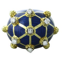 Gold Blue Enamel Diamond Dome Ring
