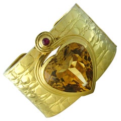 GUCCI  Gold Citrine Ruby Heart Wide Cuff Bracelet