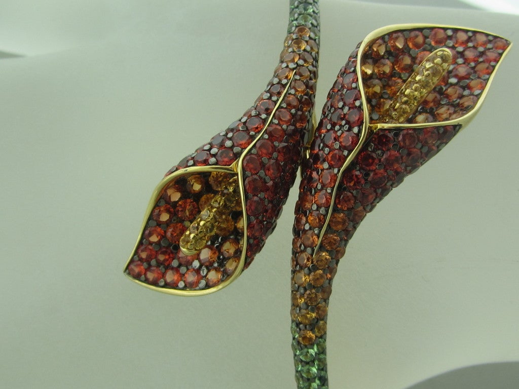 Women's Asprey Gold Sapphire Tsavorite Calla Lily Bangle Bracelet