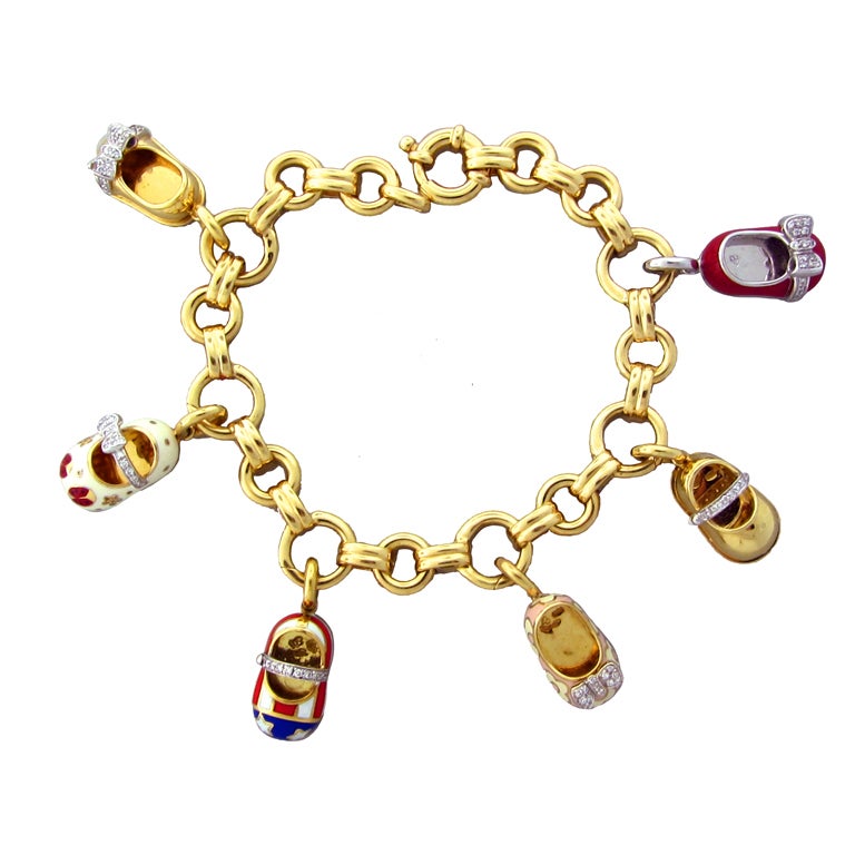 AARON BASHA Gold Diamond Enamel Baby Shoe Charm Bracelet