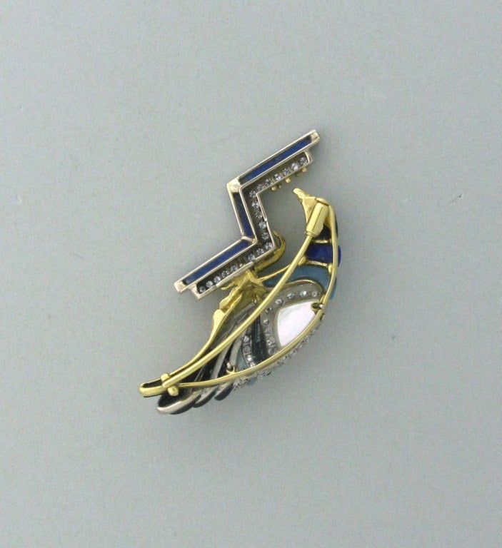 Gold Diamond Onxy Chalcedony Lapis Brooch Pin
