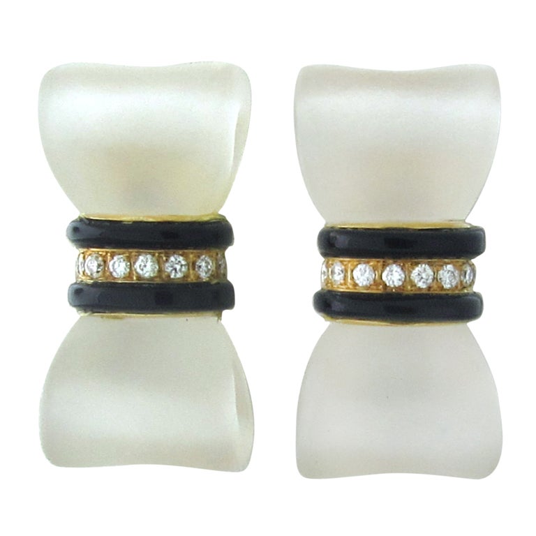 NARDI Gold Diamond Onyx Frosted Crystal Bow Earrings